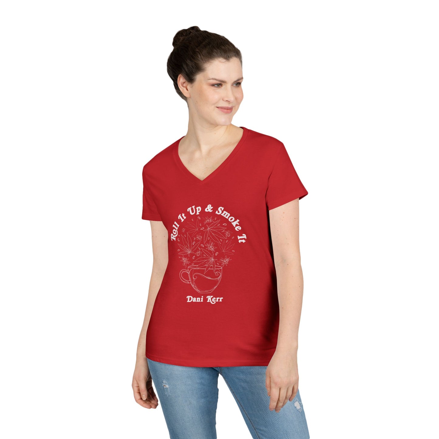 Roll It Up & Smoke It Ladies' V-Neck T-Shirt - "Roll It Up & Smoke It" - Casual Style, Gift for Smokers, 420 Friendly, Everyday Wear, Trendy Graphic Tee