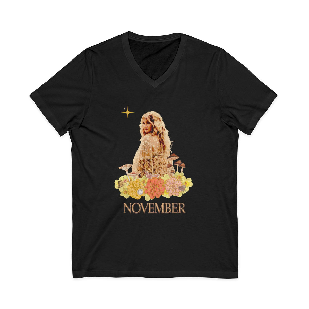 November Born Vintage V‑Neck Tee — Retro Floral Zodiac Birthday Shirt