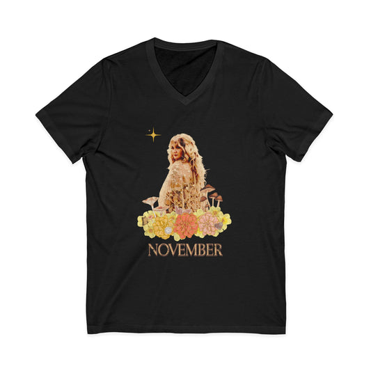 November Born Vintage V‑Neck Tee — Retro Floral Zodiac Birthday Shirt