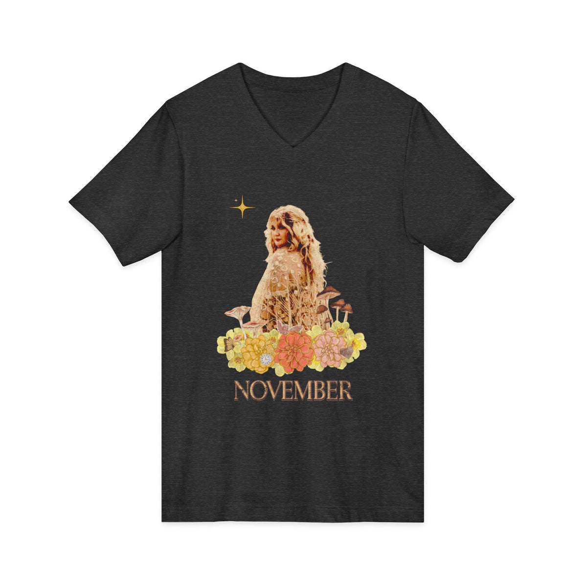 November Born Vintage V‑Neck Tee — Retro Floral Zodiac Birthday Shirt