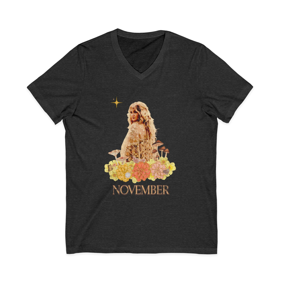 November Born Vintage V‑Neck Tee — Retro Floral Zodiac Birthday Shirt
