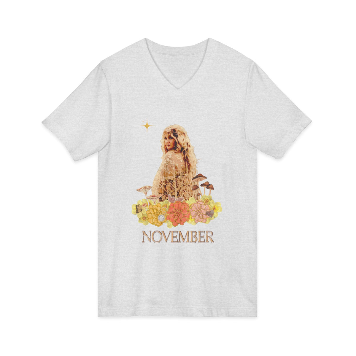 November Born Vintage V‑Neck Tee — Retro Floral Zodiac Birthday Shirt