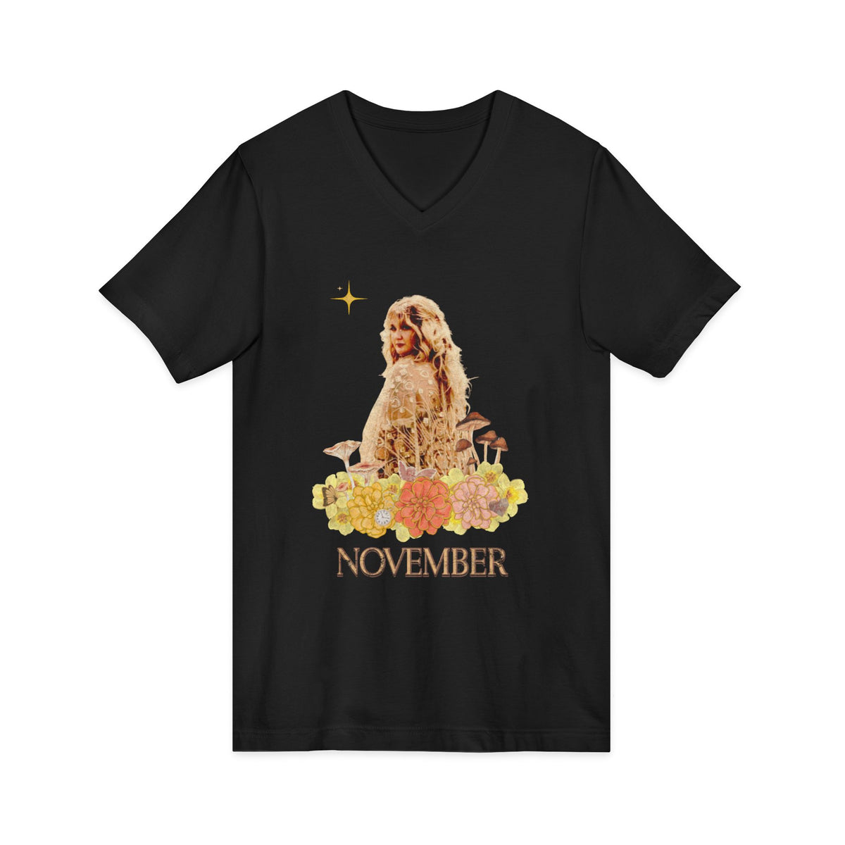 November Born Vintage V‑Neck Tee — Retro Floral Zodiac Birthday Shirt