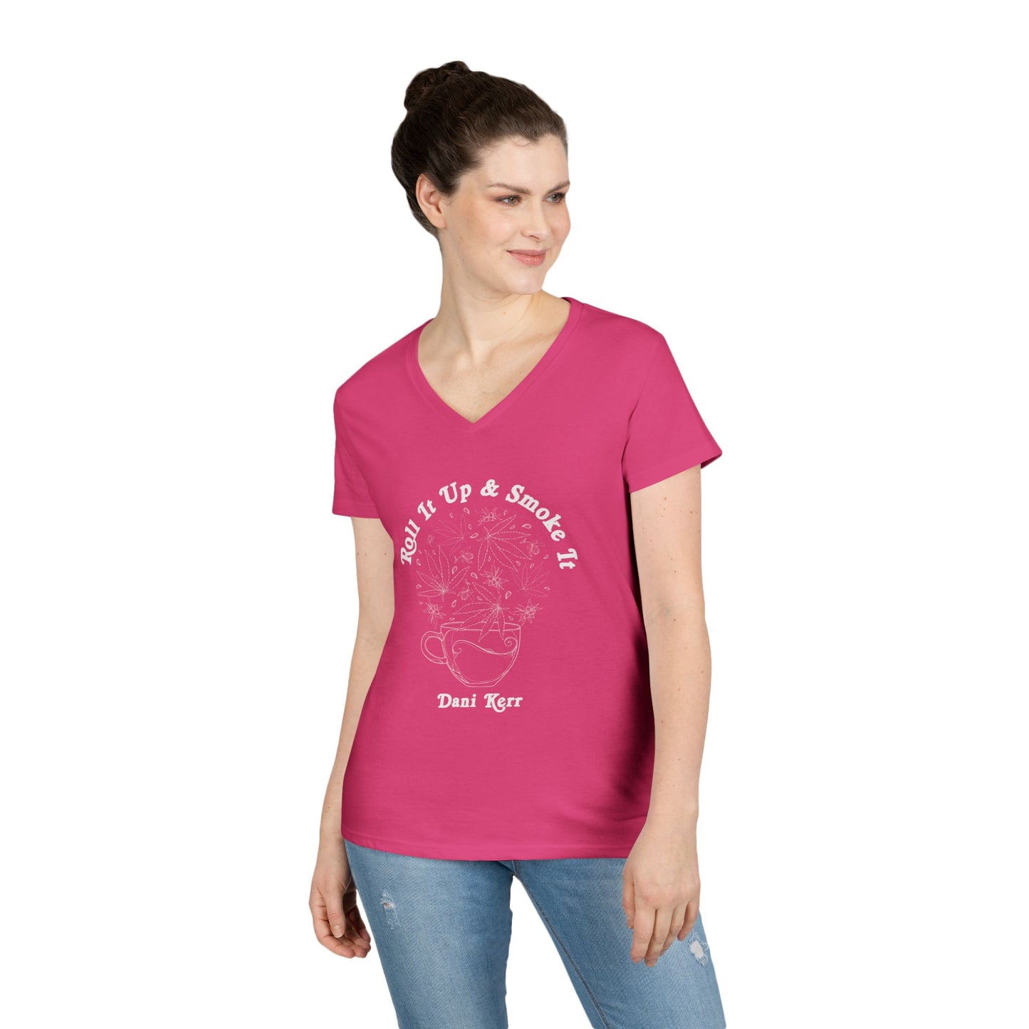 Roll It Up & Smoke It Ladies' V-Neck T-Shirt - "Roll It Up & Smoke It" - Casual Style, Gift for Smokers, 420 Friendly, Everyday Wear, Trendy Graphic Tee